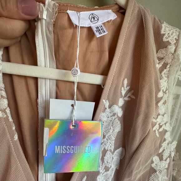 Missguided Plunge Mesh Embroidered Mesh Fishtail Dress Maxi White Nude Sheer NWT - Picture 3 of 9